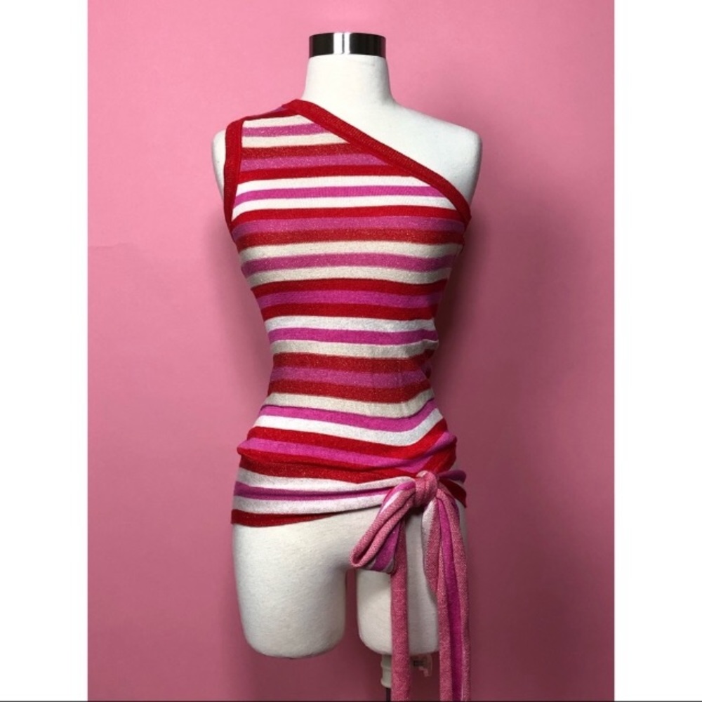 Rachael Roy pink red striped one shoulder top S